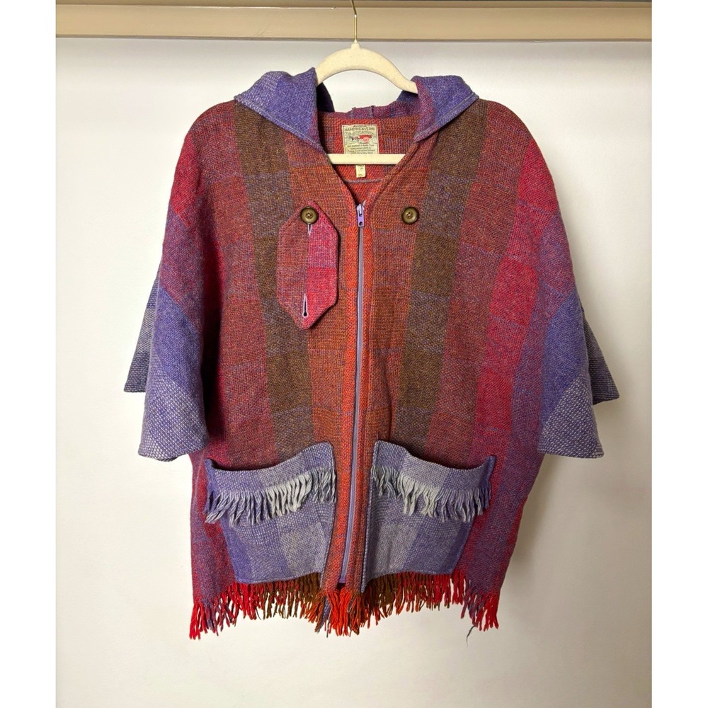 Vtg Avoca Handweavers Ireland Pure Wool Plaid Hooded Cape Poncho Fringe Purple S